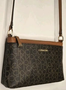 Calvin Klein Lucy Triple Compartment Brown/Khaki/Caramel Embossed EUC See MM'S - Picture 1 of 20