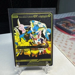 Eevee Sisters & Pikachu GX Black And Red Foil Fan Art Display Hp1,000,000💥💥💥 - Picture 1 of 2