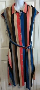 NWT Apt 9 Women's XL Multi-Stripe Dress Button Down Career Tie Belt Slimming - Picture 1 of 12