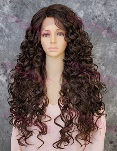 Dark Brown/Auburn Long Spiral Curls Heat OK Lace Front Human Hair Blend Wig EVFK - Picture 1 of 7