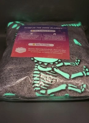 Throw Blanket -  Dinosaur Glow In The Dark Premium Grey Flannel 50” by 60” - Image 1 of 4