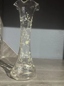 Likely Moser Mont Joye Clear Glass Vase w/Gold Enameled Flowers Manganese glass - Picture 1 of 9