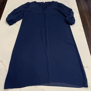 Blue Sheer MIDI Dress For Layering 3/4 Sleeves Criss Cross Neckline Size 18 - Picture 1 of 7