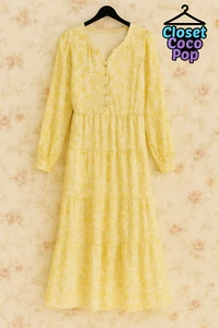 Vintage Yellow Floral Maxi Dress Long Sleeve Boho Tiered Ruffle Hem Sz8-12 - Picture 1 of 5