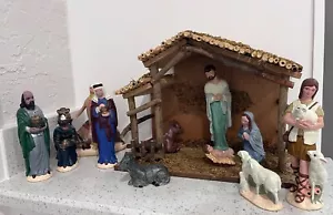 Vintage 1980's 11 Pcs Chalk Plaster Hand Painted Nativity Set Hobbyist 8" Scale - Picture 1 of 10