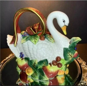 Fitz and Floyd Teekanne weiß Schwan Obst sortiert 8 1/2 Zoll hoch LESEN - Bild 1 von 10