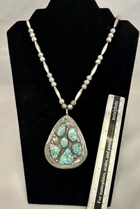 Vintage ZUNI Wayne Cheama TURQUOISE Cluster STERLING Silver Pendant Necklace - Picture 1 of 6
