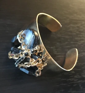 Gold Tone Hammered Metal Cuff Bracelet Applied Black Bead/Rhinestone Chain #2508 - Picture 1 of 7