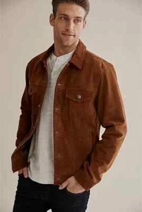 Brown Leather Trucker Jacket Men Real Suede Custom Made Size XS S M L XL XXL-178 - Picture 1 of 11