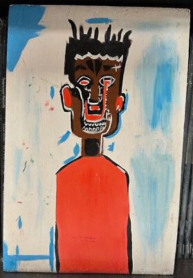 Jean Michel Basquiat 1980's Acrylic Painting On Wood Board Signed & Stamped 13" — 第 1/4 张图片