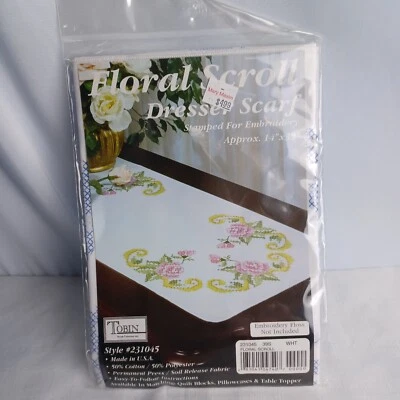 Tobin Stamped Dresser Scarf Roses Embroidery 14" X 39" NIP Cottagecore Floral  - Image 1 of 4