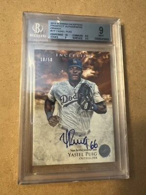 YASIEL PUIG 2013 BOWMAN INCEPTION RC ORANGE SIGNED #/50 BGS 9 AUTO 10 - Image 1 of 2