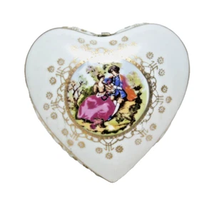 Porcelain Trinket Heart Box Courting Couple Hand Painted Light Blue Vintage - Picture 1 of 7