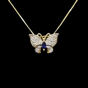 Beautiful 10K Yellow & White Gold Natural Sapphire And Diamond Beautiful Pendant - Picture 1 of 10