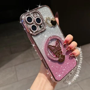 For Samsung iPhone Case Diamond Magnetic Butterfly Holder Chain Girl Flash Cover - Picture 1 of 25