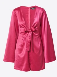 Missguided Hot Pink Satin Jumpsuit Playsuit in Eosin Tie Front Sexy Size 14 - Picture 1 of 10