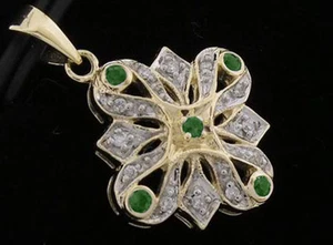 P057 - Colgante Genuino Oro Sólido 9 quilates Diamante Natural y Esmeralda Estilo Vintage - Imagen 1 de 3