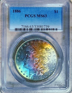 1886 $1 🌈Morgan Dollar PCGS MS-63 Original Mint Bag🌈 Rainbow Toned 🌈 - Picture 1 of 2