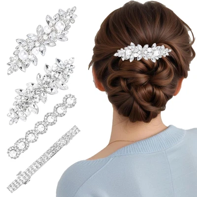 4 PIEZAS Pinzas para el cabello de diamantes de imitación brillantes para mujer, pinzas para el cabello de cristal con flores plateadas,  Foto 1 de 4