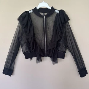 Women 2X Sheer Black Bomber Jacket Whimsigoth Dark Fairy Ruffle Zip Mesh Gothic - Picture 1 of 7