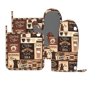 Oven Mitts Pot Holders Set Coffee Pattern Silicone Modern Art Kitchen Gloves ... - Picture 1 of 7