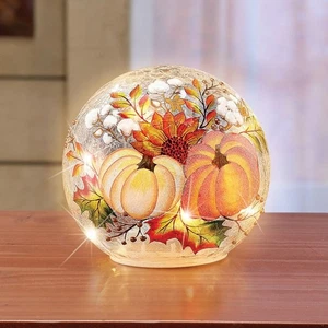 LED Lighted Thanksgiving Pumpkins Harvest Crackled Glass Ball Table Centerpiece - Picture 1 of 1