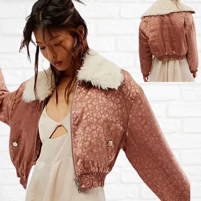 NWT Free People Floral Jacquard Cropped Bomber Jacket XS Pink Satin Puff Coat - Image 1 of 4