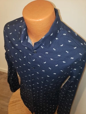 (M) Mens Express Button Down EXTRA Slim Fit Blue Wolf Coyote Print Dress Shirt - Image 1 of 4