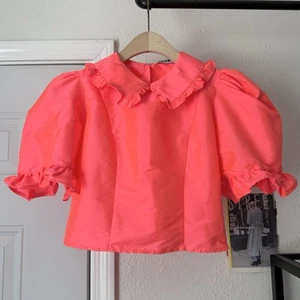 Batsheva neon coral pink orange puff short sleeve ruffle cropped blouse - Picture 1 of 8