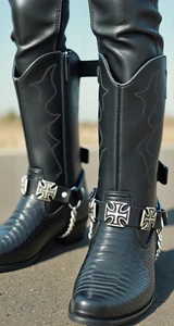 New Men Western Iron Cross Boot Band Chain Pair Black Straps Rider Shoe Bracelet - Picture 1 of 23