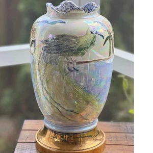 Handcrafted Iridescent Studio Pottery Vase | Raised Bird & Floral Design 14” - Picture 1 of 5