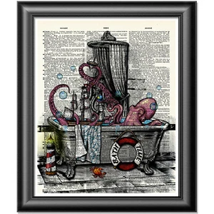 Octopus Art Print on Dictionary Book Page Wall Art Bathroom Decor Picture - Picture 1 of 3