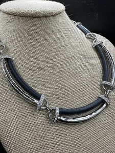 “Hero” Navy Blue Leather/ Hammered Silver Collar Necklace- retired style! - Picture 1 of 6