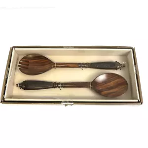 Vintage PIER 1 Servierlöffel Gabel Salat dunkelbraun Holz geschnitzt Serviergeschirr NEU - Bild 1 von 10