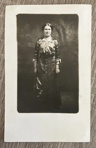 Postcard RPPC Portrait Elegant Woman in Long Satin Buttoned Dress Staged Forest - Picture 1 of 3