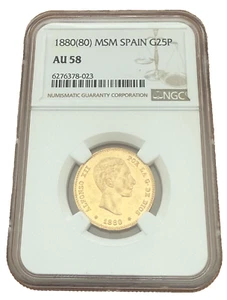 Spain 1880 (80) Gold 25 Pesetas NGC AU58 Alfonso XII - Picture 1 of 2
