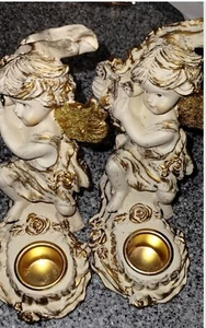 Vintage Resin Cherub Winged Angel Stem Candle Holder Angel Playing Harp - Picture 1 of 12