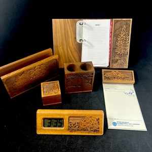 Six (6) Piece Vintage Trees Lasercraft Wood Engraved Desk Set American Walnut - Picture 1 of 24