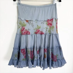 Y2K Derek Heart Skirt Womens Small Blue Floral Tiered Boho Peasant Forest Fairy - Picture 1 of 14