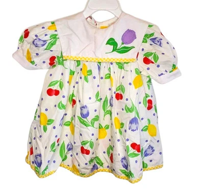 Girls Bib Dress Floral White Fruit Print Tulips Lemons Cherries Size 2T VTG 90s - Image 1 of 4