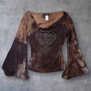 Y2K Fairy Mesh Glockenärmel Top braun Batik Herz Print Wasserfallausschnitt M - Bild 1 von 13