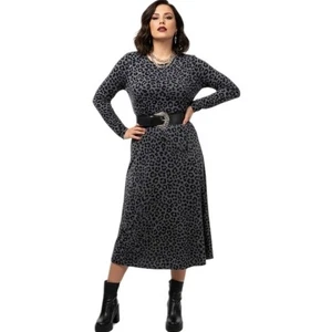 Women’s Leopard Print Midi Dress Gray Black Long Sleeve Pockets Casual M - Picture 1 of 11