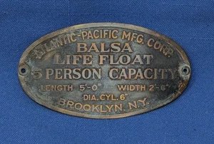 Brass Tag from "Atlantic-Pacific Mfg. Co. Balsa Life Float" - 1920s-1930s - Picture 1 of 4