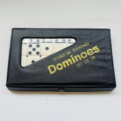 Vintage Dominoes Double Six Standard Set Of 28 In Black Case Tile Game Complete - image 1 of 4