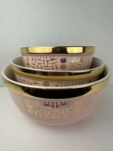 HTF VTG Hall's MCM Pink & Gold Basket Weave 3 Piece Bowl Set #1376, #1377 & 1378 - Picture 1 of 15