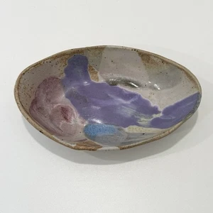 SIGNED Studio Art Pottery Purple Pink Blue Ceramic Bowl Trinket Dish 8"x5" - Picture 1 of 4