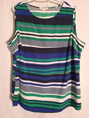 Coldwater Creek-Blue Green Gray White Striped Sleeveless Round Neck Tank Top-2X - Image 1 of 4