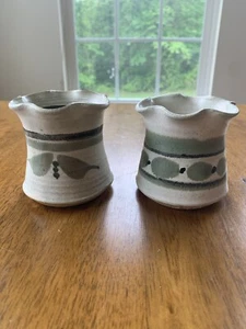 Vtg MGV Pottery Vases Candle Holders Ruffle Top Hand Made Green White Set Of 2 - Picture 1 of 24