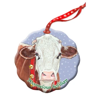 Vaca Marrón y Blanco Hereford Porcelana Vaca Árbol de Navidad Adorno Doble-Si - Imagen 1 de 2
