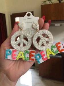 Große Peace Zeichen Saatperlen Statement Ohrringe lustig trendy - Bild 1 von 4